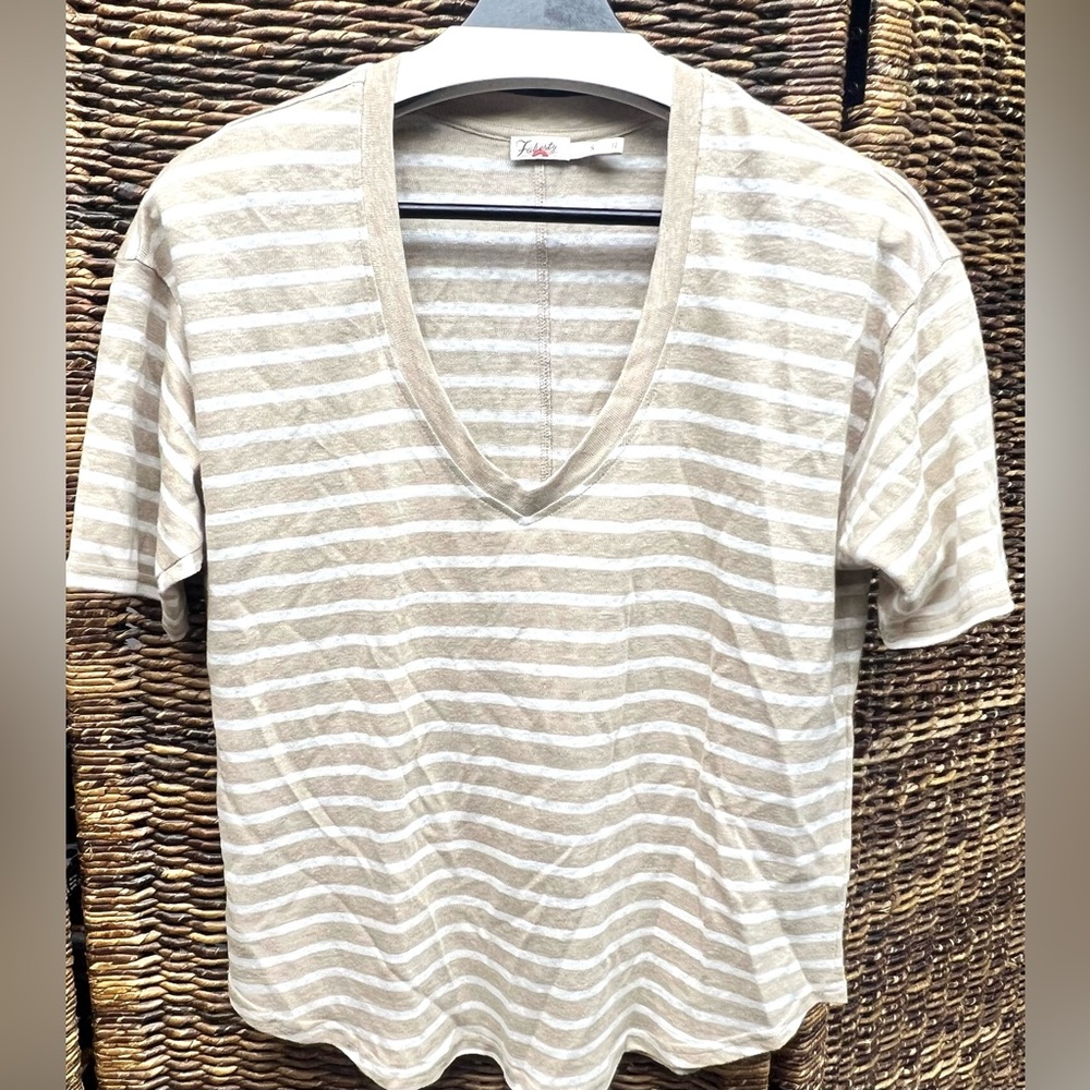 Faherty- Beige Striped Women's Top, Linen- Oceanside V neck,‎ Small